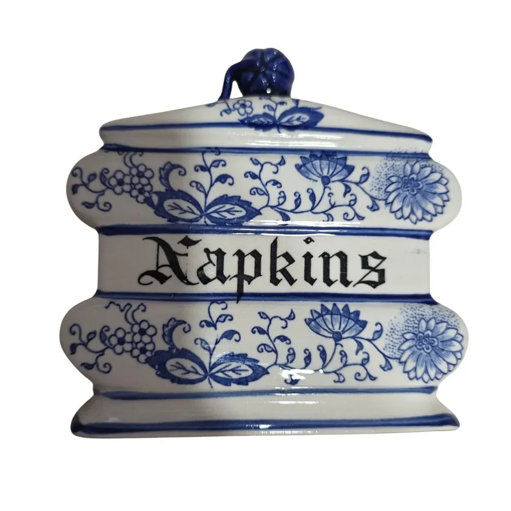 Blue Onion Napkin Holder Ceramic Japan Porcelain Lidded Table Caddy Decor‎